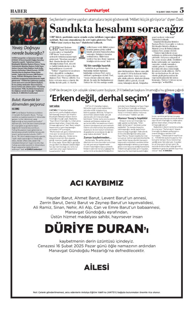16 Şubat Cumhuriyet vefat ilanı